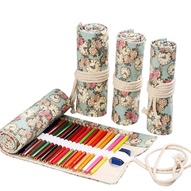 Funny live 36/48/72 Slots Colored Pencil Wrap Pencils Roll Holder Coloring Pencils Organizer Holder Colored Pen Paint Brush Storage Pouch Portable for Artist Student (Clock, 48 Slots) - Image 1